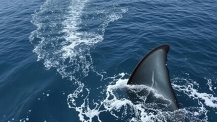 Fototapeta premium A large shark fin sliced through the surface of the ocean, leaving a trail of disturbed water behind it, cloudy sky, sea creature, shark fin