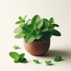  
Photo with fresh mint. Fresh mint in pot. Picture green house plant. Peppermint leaves.