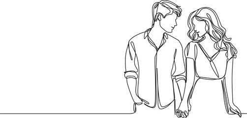 continuous single line drawing of young man and woman holding hands while looking at each other, line art vector illustration