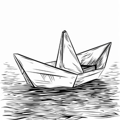 A simple black and white line drawing of a paper boat floating on choppy water. Coloring book