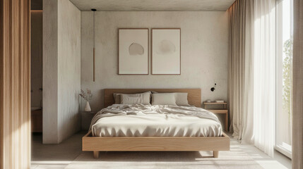 Serene Scandinavian bedroom with natural wood bed and soft grey tones creating an ethereal ambiance