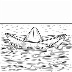 A simple paper boat floats on the water. The boat is a common childhood toy, and its simplicity is a reminder of the beauty of nature. Coloring book