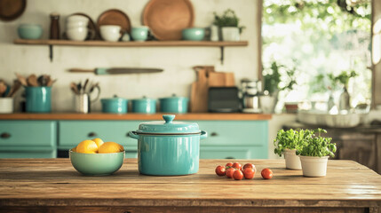 Charming vintage kitchen with enamelware and fresh produce on an old wooden table