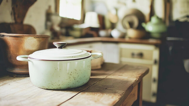 Charming vintage kitchen with enamelware and rustic wooden table in a cozy home setting