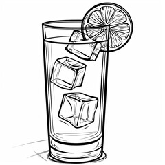 A glass of ice water with a lemon wedge garnish is drawn in black and white. Coloring book