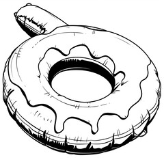 A black and white illustration of a donut-shaped inflatable pool float. Coloring book