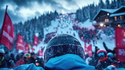 An enthusiastic crowd dressed in winter gear gathers on a snowy mountain, reflecting anticipated competition, camaraderie, and festive energy in a winter wonderland.