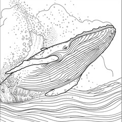 A humpback whale leaps out of the water, its body outlined against the sky. The whale's tail is raised high, creating a splash of water droplets. Coloring book
