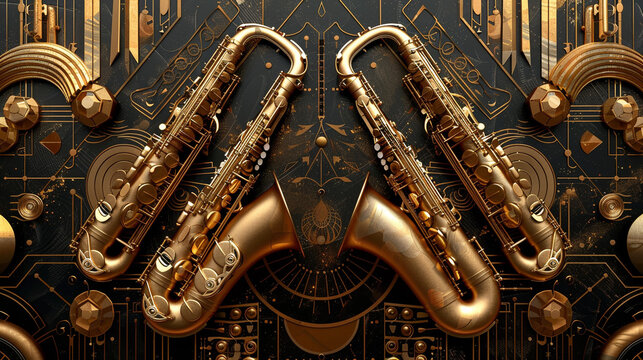A jazz-inspired 1920s flyer with bold art deco lines and geometric patterns in shimmering gold and black, featuring stylized vintage saxophones and trumpets, ideal for a jazz lounge theme. - Powered by Adobe