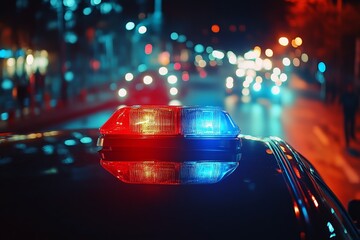 Close up view of a red blue light flasher on top of a police car on a road at night.