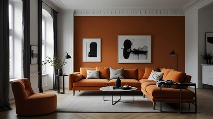 Modern living room interior with fireplace, featuring a plush sofa, armchair, and coffee table on a wood floor, surrounded by contemporary design elements
