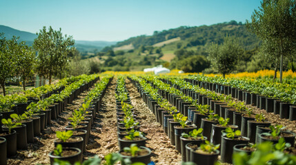 Rows of young plants growing in pots on a sunny farm