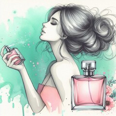 Young girl with beautifully styled blonde hair holding pink perfume bottle and enjoying scent of perfume. Woman model is advertising perfume. Girl in an evening dress applying perfume on herself.