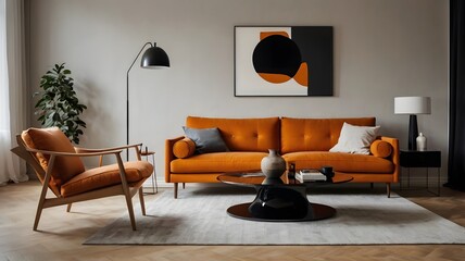 Modern living room interior with fireplace, featuring a plush sofa, armchair, and coffee table, set against a backdrop of stylish wall decor