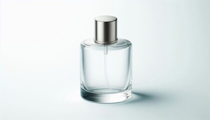 Transparent glass bottle of perfume with silver cap on white background. Mockup of round bottle of perfume. Advertisement of perfume.