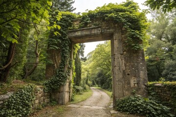 Ancient stone gate with lush green foliage surrounding it, garden gate, ornate details