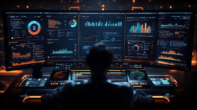 A person sits in front of a large monitor with a complex graphical user interface. The monitor shows a variety of data, including graphs, charts,