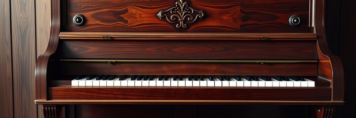Dark hardwood piano with ornate wood grain, piano keys, refined taste