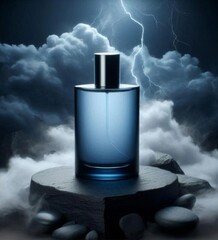 Transparent blue glass bottle of perfume without label. Blue perfume bottle on podium on background of dark thunderstorm clouds. Mockup for perfume advertisement on background of dark sky.