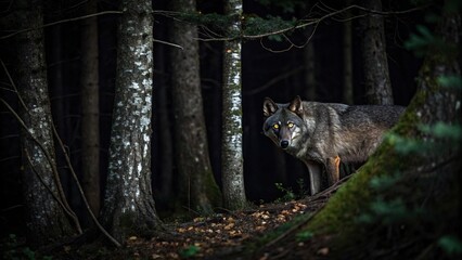 Glowing eyes of a nocturnal predator illuminated in the dark forest, nocturnal animal, trees silhouetted, mysterious gaze