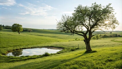 green field with a tree and a small pond, sunlight, field, foliage, tree, countryside