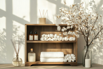 A relaxing spa-inspired shelf display featuring natural elements, cotton plants, and essential oils in a serene setting. Generative AI