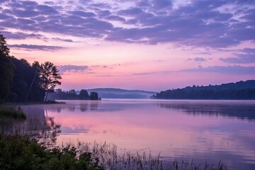 Fototapeta premium Soft focus image of a serene lake at dawn with soft purple and pink hues in the sky, serenity, soft focus