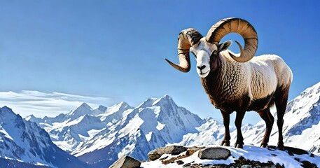 Ram Overlooking Snowy Peaks in an Aries Zodiac Representation