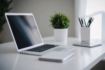 Minimalist Workspace with Laptop, Plant, and Notebook on White Desk