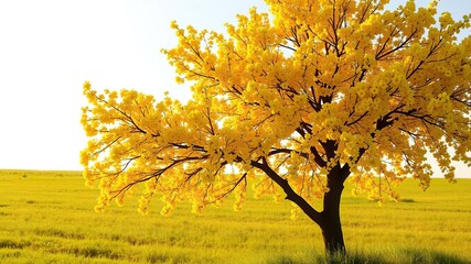 A flowering yellow ipe tree stands proudly in a sunlit meadow, its bright yellow blooms radiating warmth and vibrancy as the light dances through its delicate petals, nature, sunlight