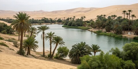 A serene lake in the middle of a vast desert oasis surrounded by towering palm trees and lush greenery, tranquility, lake