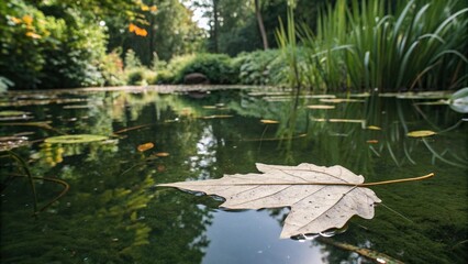 Naklejka premium A single leaf floats gently on the surface of a serene pond, set against a backdrop of lush aquatic plants, pond, greenery, outdoor scene