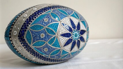 Blue and silver mosaic sphere with intricate patterns, artistic decoration, abstract design, geometric shapes, spherical shape