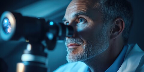 Middle-aged scientist inspired by astronomy, gazing into the distance, reflective and contemplative.