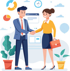 People shaking hands at work - Two businesspeople, man and woman doing handshake in office at work while smiling over business agreement and deal. Flat design stock illustration on white background