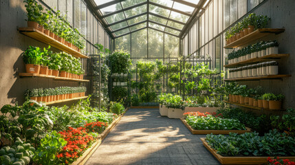 Sunlit greenhouse with diverse plants and flowers in a serene indoor garden setting