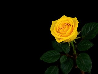 Yellow rose with green leaves on a dark background, botanical illustration, spring bouquet