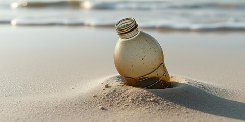 Obraz premium A single empty dirty plastic bottle partially buried in the sand on a seaside beach at high tide, empty bottle, shoreline, tide