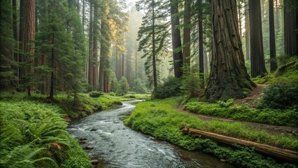 Obraz premium A serene forest with a meandering stream running through it, surrounded by towering trees and lush greenery, nature, forest, stream, natural beauty