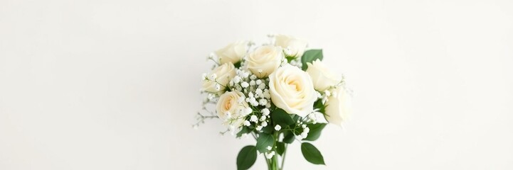 Classic and timeless arrangement of white roses and baby's breath in a delicate bouquet on a smooth white gradient background, bouquet, baby's breath, floral arrangement