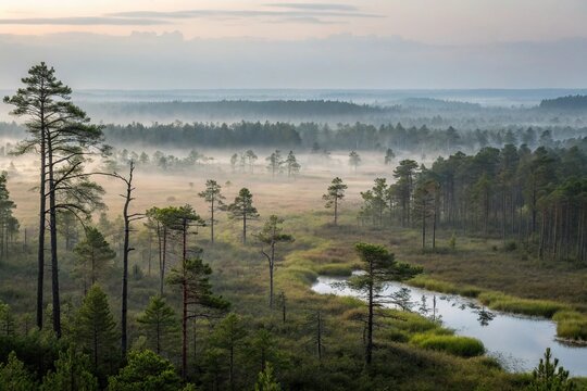 Ancient swamp forests stretching towards the horizon, cycads, carboniferous landscape, ferns