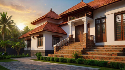 Fototapeta premium Entrance view of a Beautiful Brick Roof House in India with a lovely lawn & Coconut trees around, sun setting in the background giving a feast to the viewers eyes