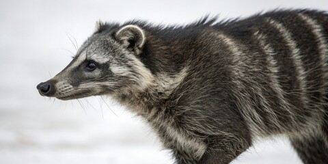 Naklejka premium Dark grey fur with lighter grey stripes and white markings on the face, giving a ghostly appearance, moonlight, ghostly appearance, night scenes, dark grey fur, wildlife photography