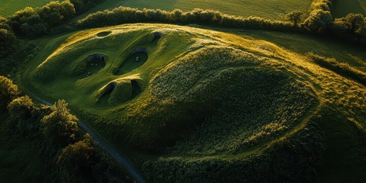 Aerial view of Knowth, Ireland's ancient monument with passage tombs.