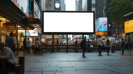 Obraz premium A bustling Times Square is filled with people moving between food stalls and shops while several large billboards remain blank. This vibrant city scene takes place at dusk, showcasing urban life.