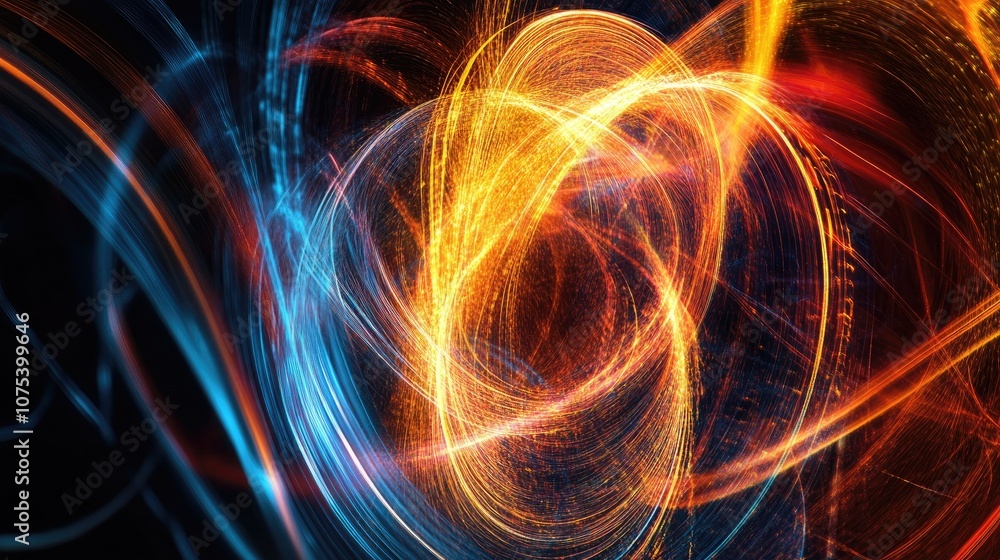 Poster abstract light painting in line art style with ample copy space against a black backdrop featuring a