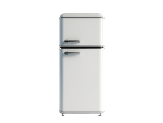 a white refrigerator with silver handles