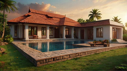 Beautiful backyard view of a traditional yet modern brick roof Villa, serene swimming pool in the middle of greenery