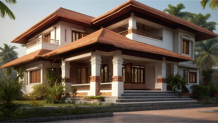 Luxurious Brick Roof Bungalow in Kerala with a beautiful garden, ancient supporting columns & Car Parking