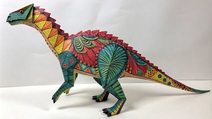 Fototapeta premium Colorful paper dinosaur with vibrant scales, paper cutout, fantasy world